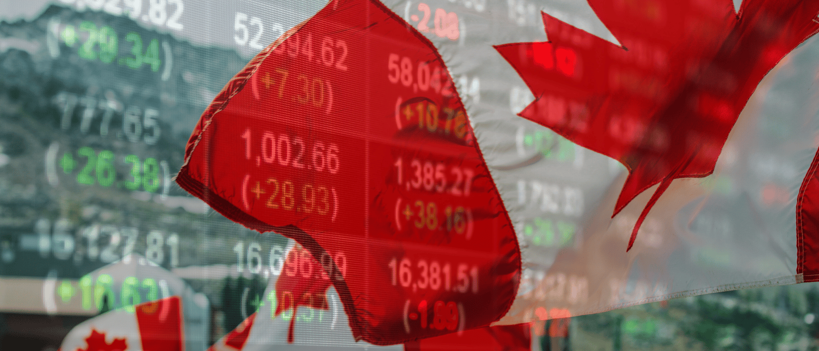 Translucent Canadian flag over stock market index and etf values 